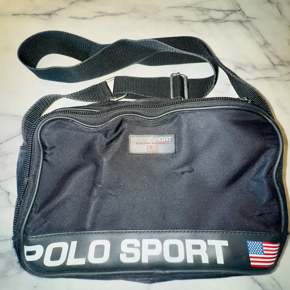 Vintage‎ 90s Polo Sport Ralph Lauren Black Crossbody Bag Men Women Nylon US Flag